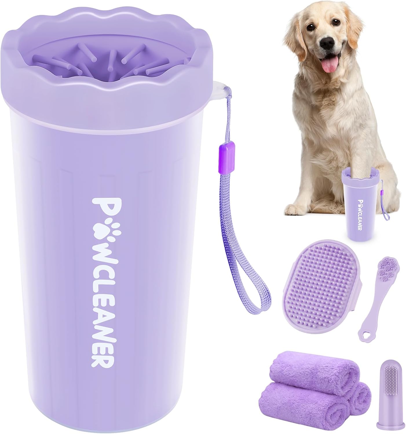 Professional 7 in 1 Dog Paw Cleaner for Dogs & Cats - Includes 1 Portable Paw Washer, 1 Bath Brush, 2 Dog Toothbrushes and 3 Absorbent Towels Note: Fits Paws 1.5 to 2.5 Inches Wide (Medium, Blue)