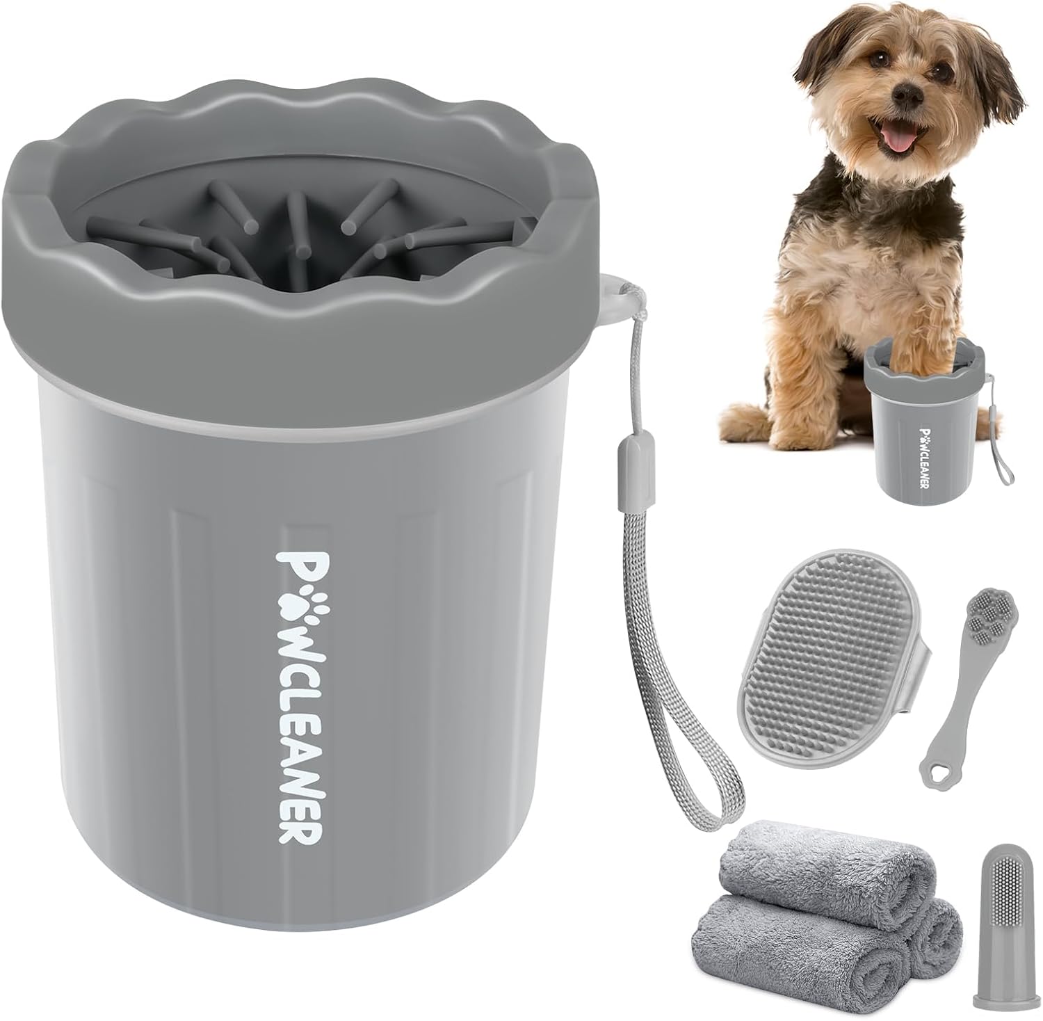 Professional 7 in 1 Dog Paw Cleaner for Dogs & Cats - Includes 1 Portable Paw Washer, 1 Bath Brush, 2 Dog Toothbrushes and 3 Absorbent Towels Note: Fits Paws 1.5 to 2.5 Inches Wide (Medium, Blue)
