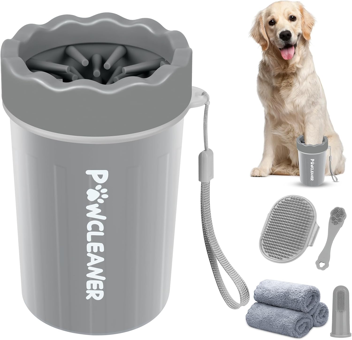 Professional 7 in 1 Dog Paw Cleaner for Dogs & Cats - Includes 1 Portable Paw Washer, 1 Bath Brush, 2 Dog Toothbrushes and 3 Absorbent Towels Note: Fits Paws 1.5 to 2.5 Inches Wide (Medium, Blue)