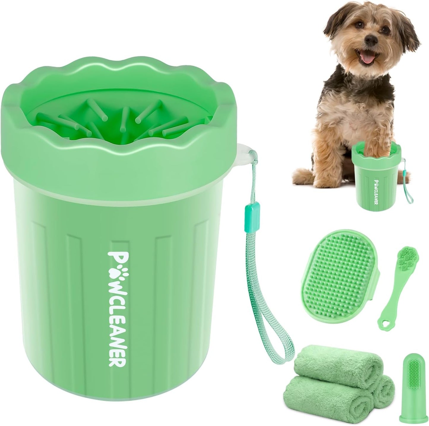 Professional 7 in 1 Dog Paw Cleaner for Dogs & Cats - Includes 1 Portable Paw Washer, 1 Bath Brush, 2 Dog Toothbrushes and 3 Absorbent Towels Note: Fits Paws 1.5 to 2.5 Inches Wide (Medium, Blue)