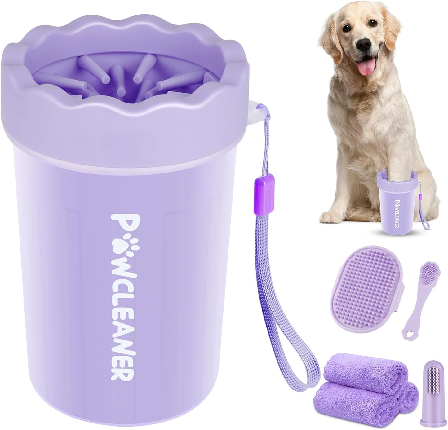 Professional 7 in 1 Dog Paw Cleaner for Dogs & Cats - Includes 1 Portable Paw Washer, 1 Bath Brush, 2 Dog Toothbrushes and 3 Absorbent Towels Note: Fits Paws 1.5 to 2.5 Inches Wide (Medium, Blue)