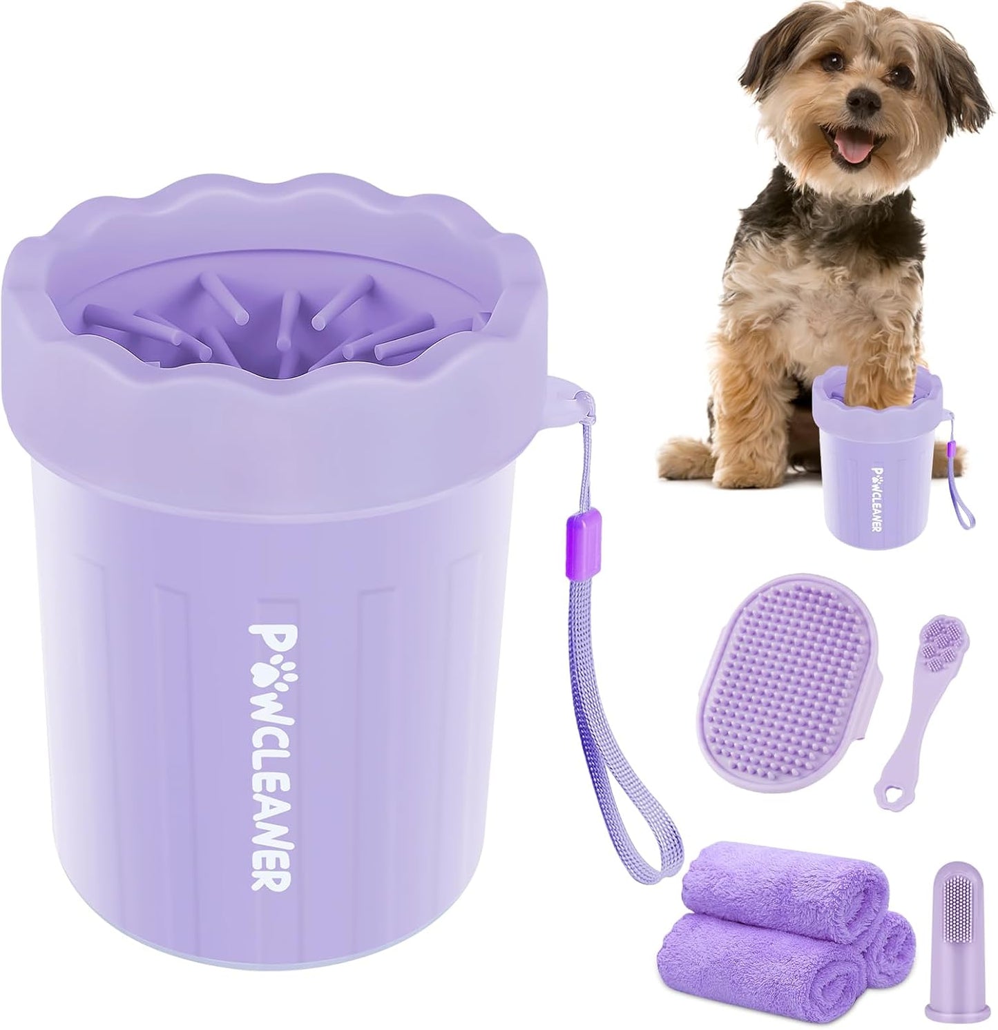 Professional 7 in 1 Dog Paw Cleaner for Dogs & Cats - Includes 1 Portable Paw Washer, 1 Bath Brush, 2 Dog Toothbrushes and 3 Absorbent Towels Note: Fits Paws 1.5 to 2.5 Inches Wide (Medium, Blue)