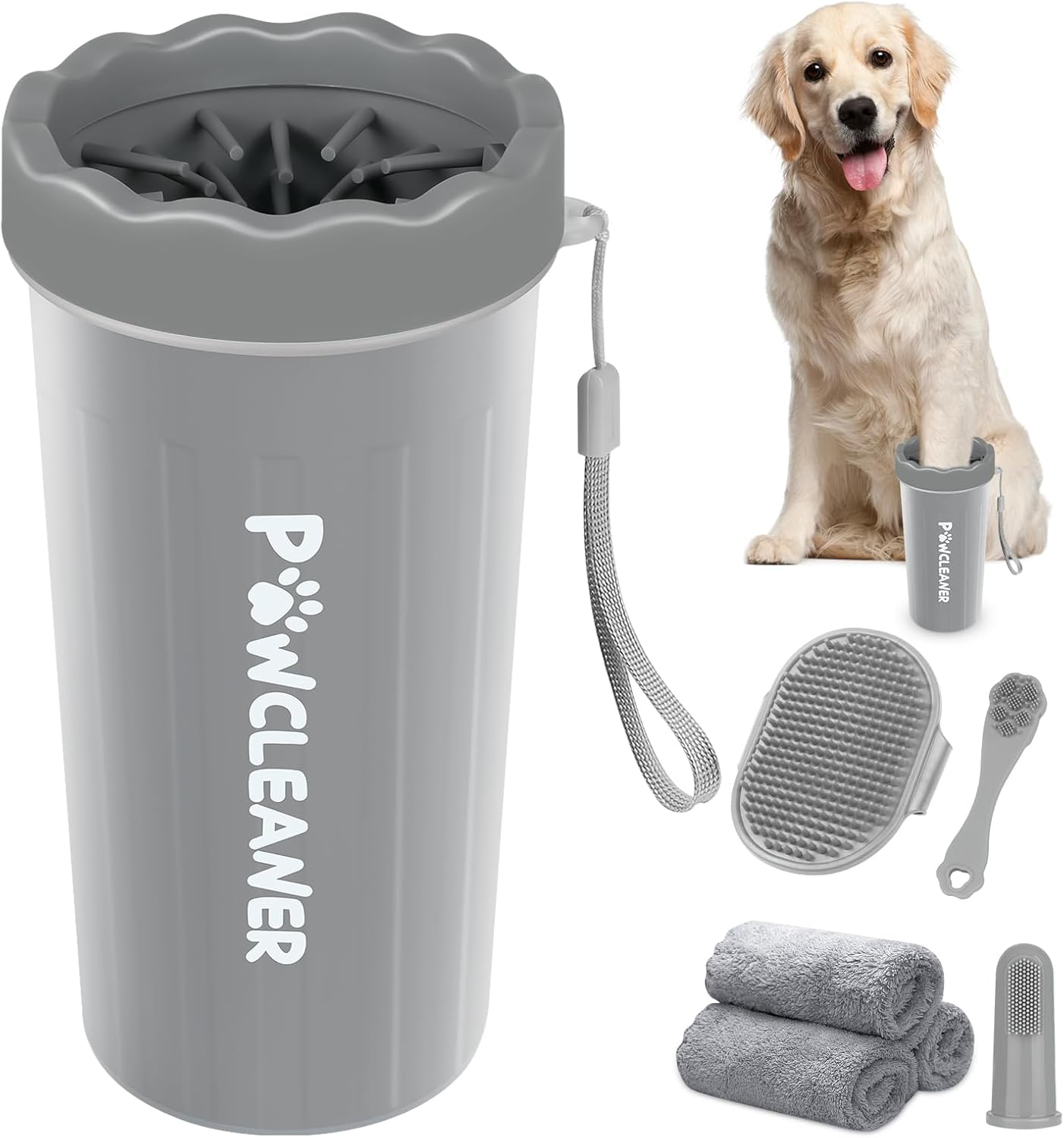Professional 7 in 1 Dog Paw Cleaner for Dogs & Cats - Includes 1 Portable Paw Washer, 1 Bath Brush, 2 Dog Toothbrushes and 3 Absorbent Towels Note: Fits Paws 1.5 to 2.5 Inches Wide (Medium, Blue)