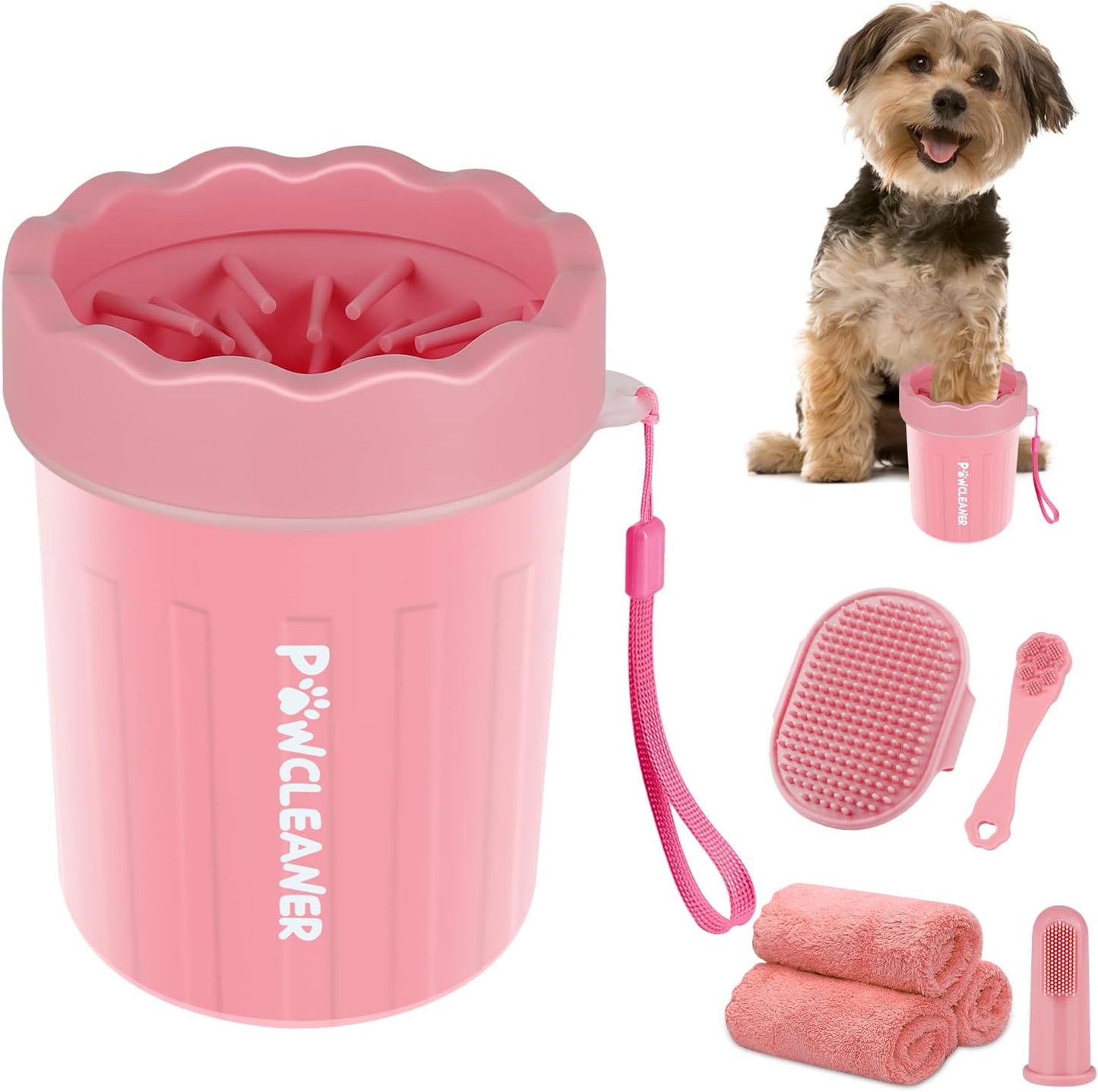 Professional 7 in 1 Dog Paw Cleaner for Dogs & Cats - Includes 1 Portable Paw Washer, 1 Bath Brush, 2 Dog Toothbrushes and 3 Absorbent Towels Note: Fits Paws 1.5 to 2.5 Inches Wide (Medium, Blue)
