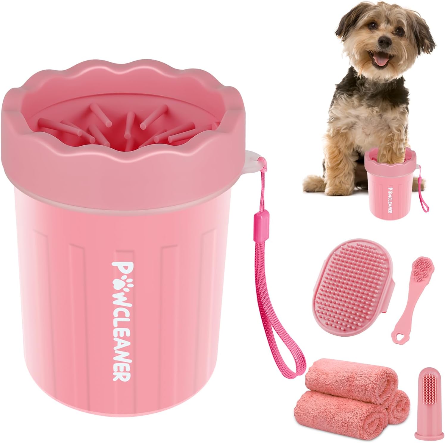 Professional 7 in 1 Dog Paw Cleaner for Dogs & Cats - Includes 1 Portable Paw Washer, 1 Bath Brush, 2 Dog Toothbrushes and 3 Absorbent Towels Note: Fits Paws 1.5 to 2.5 Inches Wide (Medium, Blue)