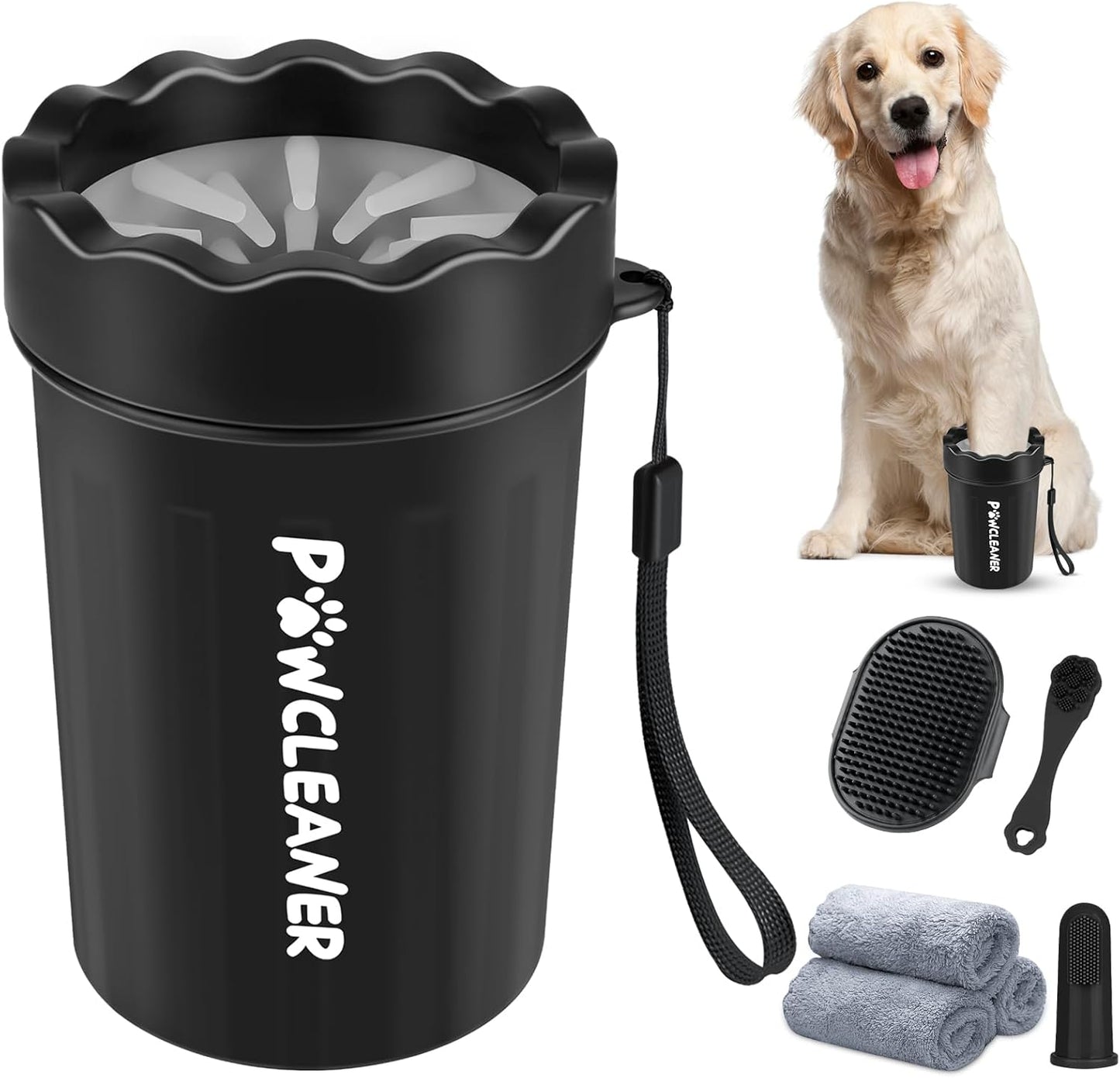 Professional 7 in 1 Dog Paw Cleaner for Dogs & Cats - Includes 1 Portable Paw Washer, 1 Bath Brush, 2 Dog Toothbrushes and 3 Absorbent Towels Note: Fits Paws 1.5 to 2.5 Inches Wide (Medium, Blue)
