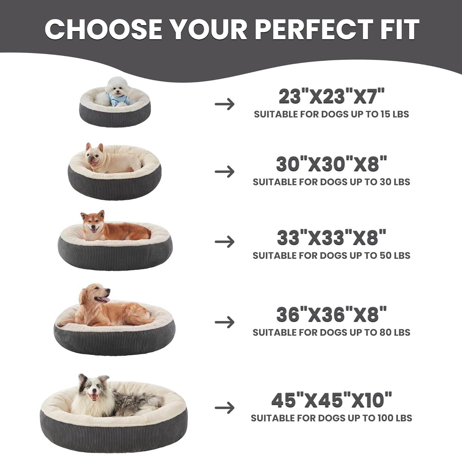 36 Inches Donut Dog Bed for Large Dogs - Calming round Pet Bed with Removable&Washable Cover, Plush Faux Fur & Corduroy, Fits Pets up to 80 Lbs(Dark Grey, Large)