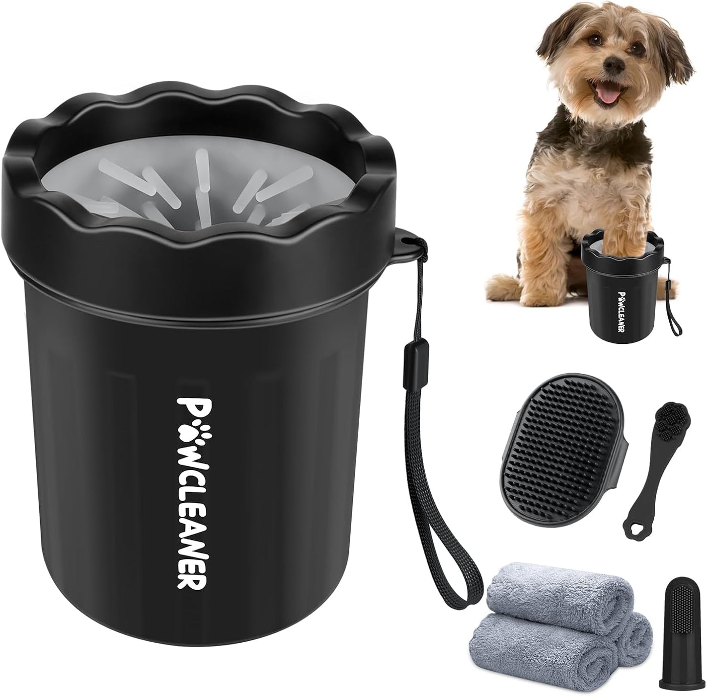 Professional 7 in 1 Dog Paw Cleaner for Dogs & Cats - Includes 1 Portable Paw Washer, 1 Bath Brush, 2 Dog Toothbrushes and 3 Absorbent Towels Note: Fits Paws 1.5 to 2.5 Inches Wide (Medium, Blue)