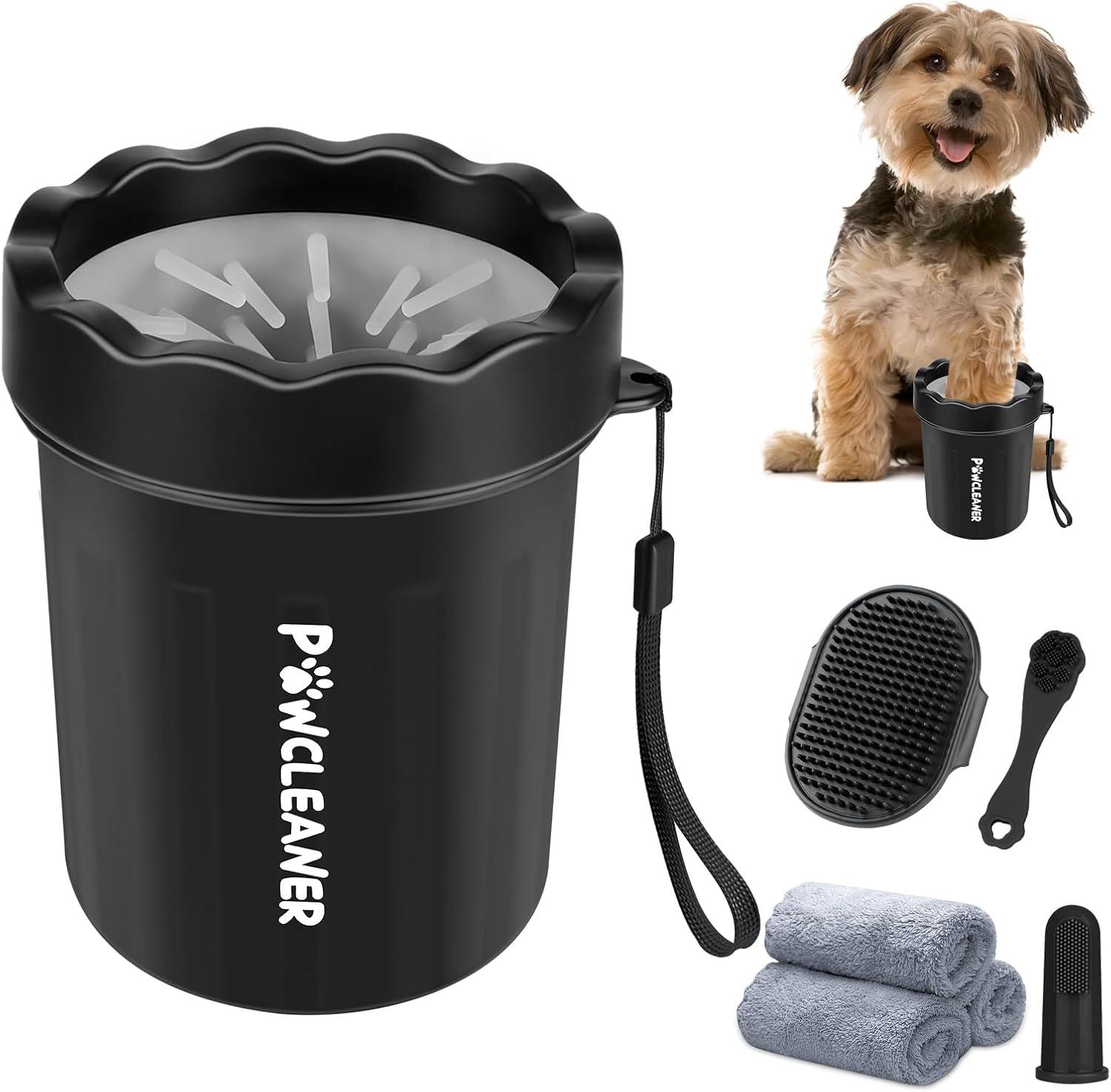 Professional 7 in 1 Dog Paw Cleaner for Dogs & Cats - Includes 1 Portable Paw Washer, 1 Bath Brush, 2 Dog Toothbrushes and 3 Absorbent Towels Note: Fits Paws 1.5 to 2.5 Inches Wide (Medium, Blue)