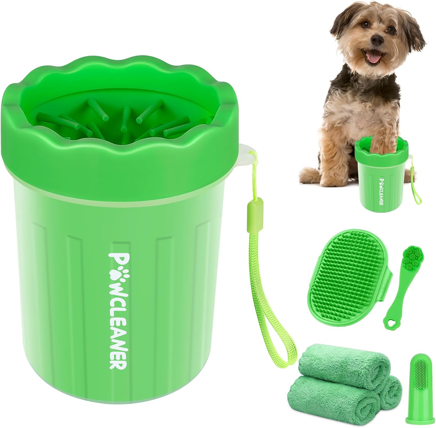 Professional 7 in 1 Dog Paw Cleaner for Dogs & Cats - Includes 1 Portable Paw Washer, 1 Bath Brush, 2 Dog Toothbrushes and 3 Absorbent Towels Note: Fits Paws 1.5 to 2.5 Inches Wide (Medium, Blue)