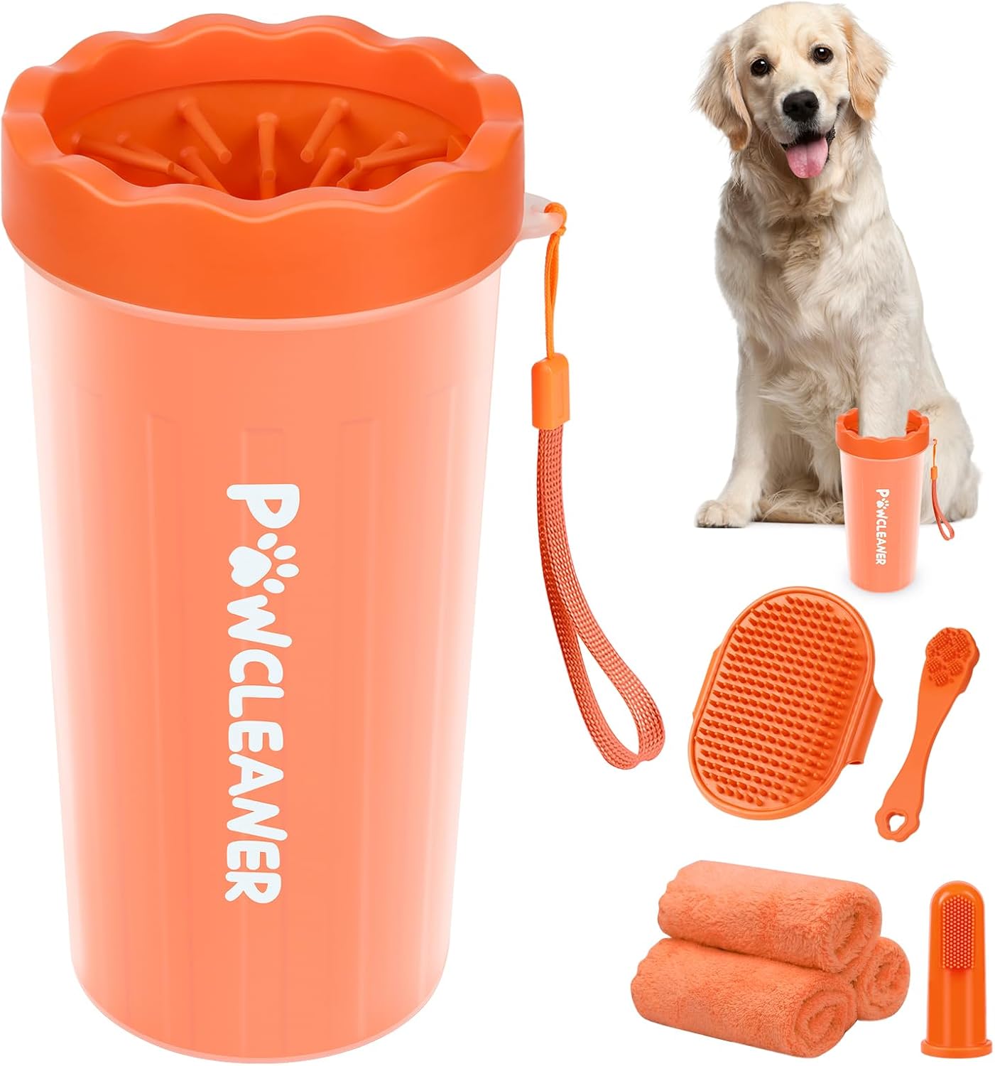 Professional 7 in 1 Dog Paw Cleaner for Dogs & Cats - Includes 1 Portable Paw Washer, 1 Bath Brush, 2 Dog Toothbrushes and 3 Absorbent Towels Note: Fits Paws 1.5 to 2.5 Inches Wide (Medium, Blue)