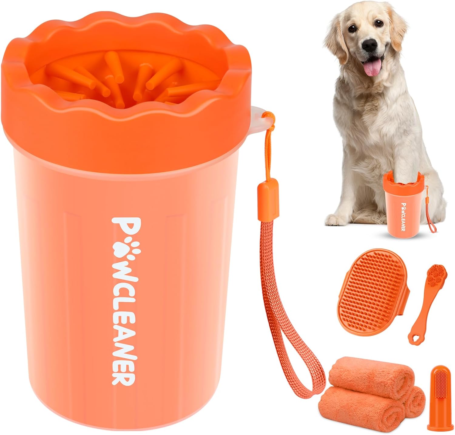 Professional 7 in 1 Dog Paw Cleaner for Dogs & Cats - Includes 1 Portable Paw Washer, 1 Bath Brush, 2 Dog Toothbrushes and 3 Absorbent Towels Note: Fits Paws 1.5 to 2.5 Inches Wide (Medium, Blue)