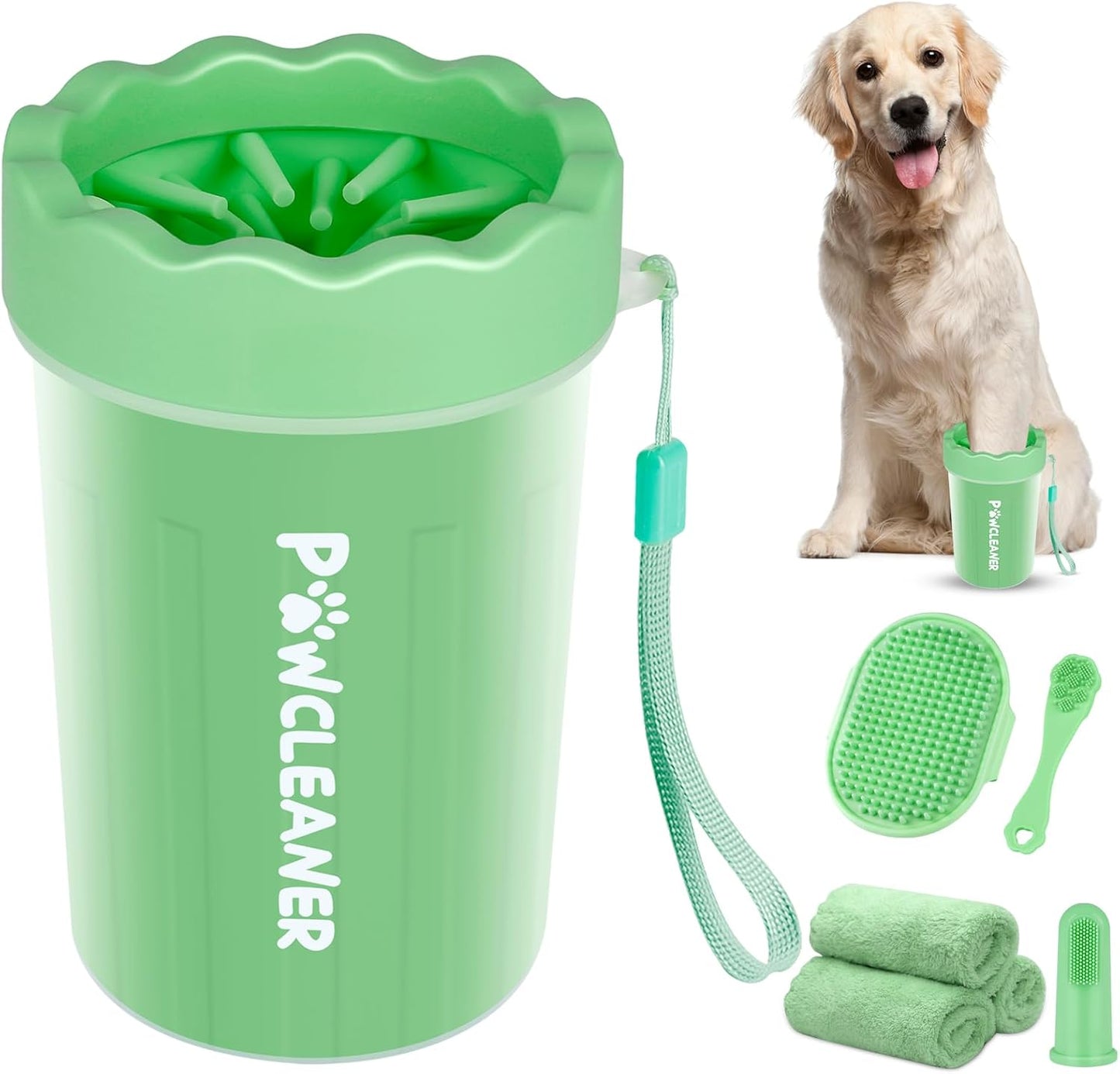 Professional 7 in 1 Dog Paw Cleaner for Dogs & Cats - Includes 1 Portable Paw Washer, 1 Bath Brush, 2 Dog Toothbrushes and 3 Absorbent Towels Note: Fits Paws 1.5 to 2.5 Inches Wide (Medium, Blue)