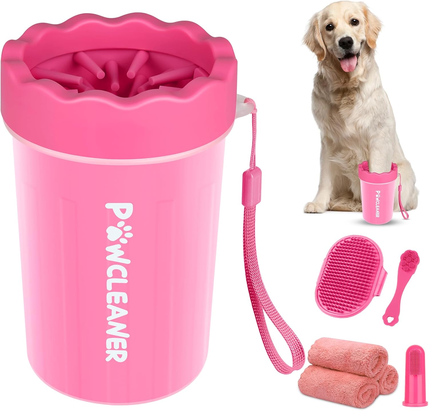 Professional 7 in 1 Dog Paw Cleaner for Dogs & Cats - Includes 1 Portable Paw Washer, 1 Bath Brush, 2 Dog Toothbrushes and 3 Absorbent Towels Note: Fits Paws 1.5 to 2.5 Inches Wide (Medium, Blue)