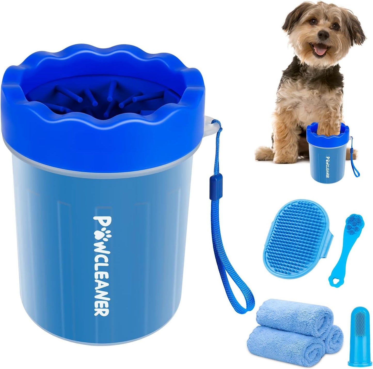 Professional 7 in 1 Dog Paw Cleaner for Dogs & Cats - Includes 1 Portable Paw Washer, 1 Bath Brush, 2 Dog Toothbrushes and 3 Absorbent Towels Note: Fits Paws 1.5 to 2.5 Inches Wide (Medium, Blue)