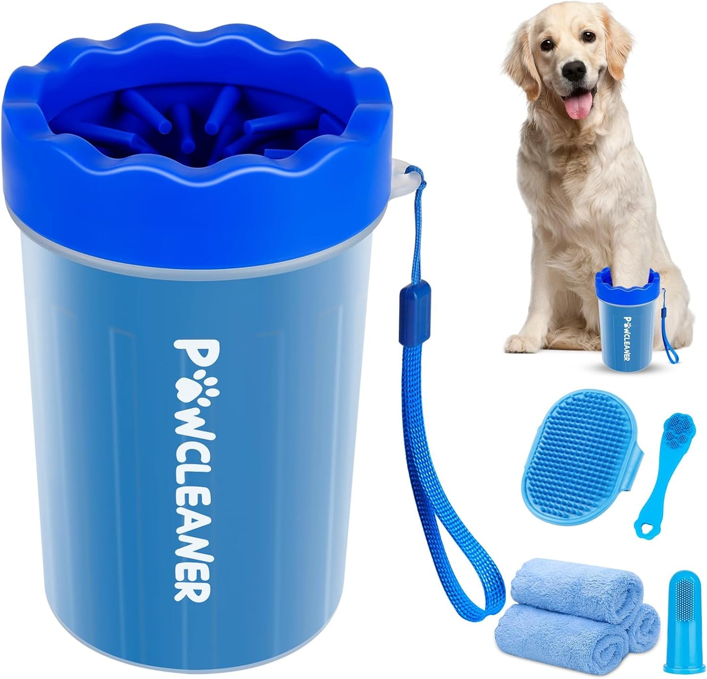 Professional 7 in 1 Dog Paw Cleaner for Dogs & Cats - Includes 1 Portable Paw Washer, 1 Bath Brush, 2 Dog Toothbrushes and 3 Absorbent Towels Note: Fits Paws 1.5 to 2.5 Inches Wide (Medium, Blue)