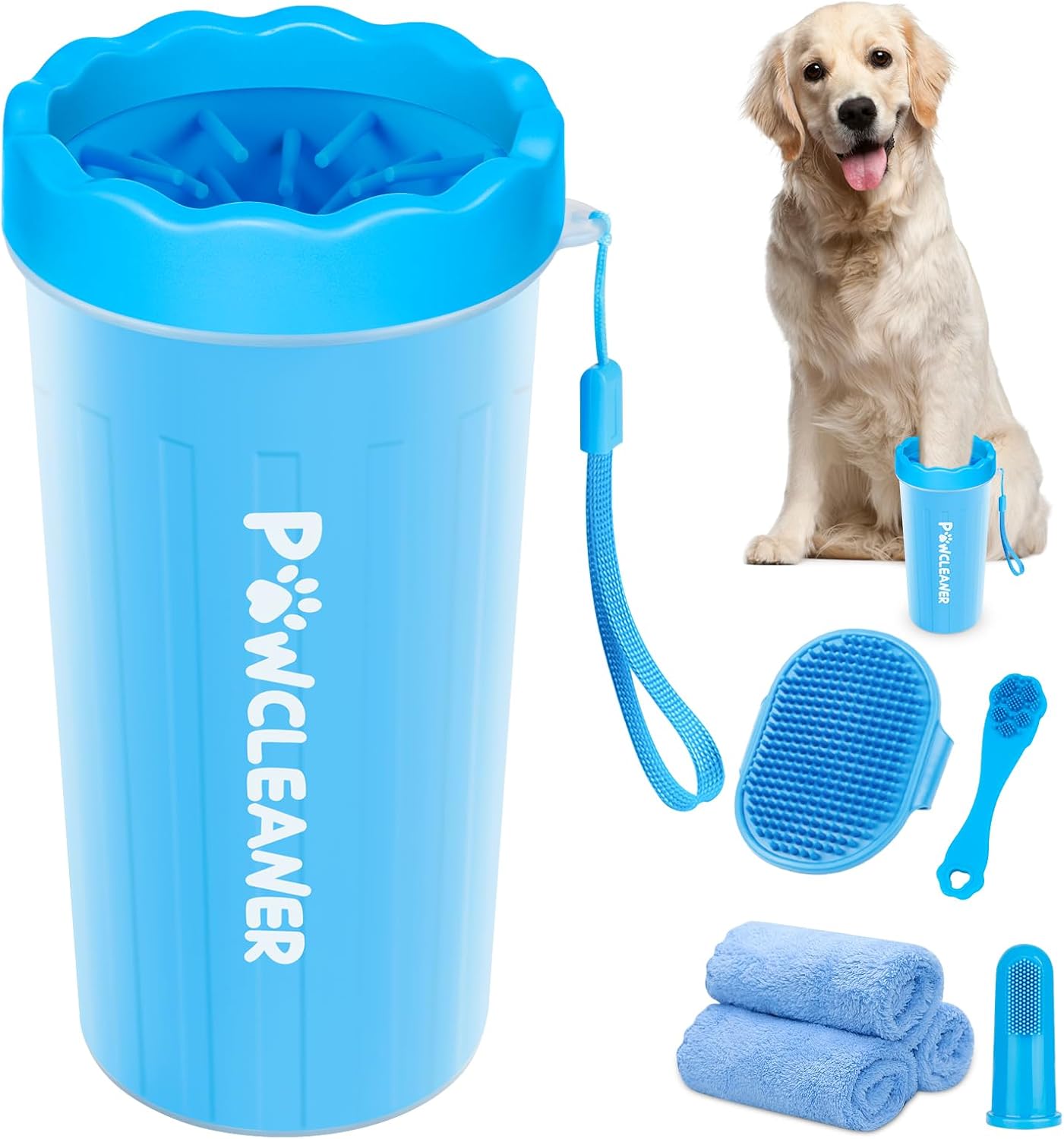 Professional 7 in 1 Dog Paw Cleaner for Dogs & Cats - Includes 1 Portable Paw Washer, 1 Bath Brush, 2 Dog Toothbrushes and 3 Absorbent Towels Note: Fits Paws 1.5 to 2.5 Inches Wide (Medium, Blue)
