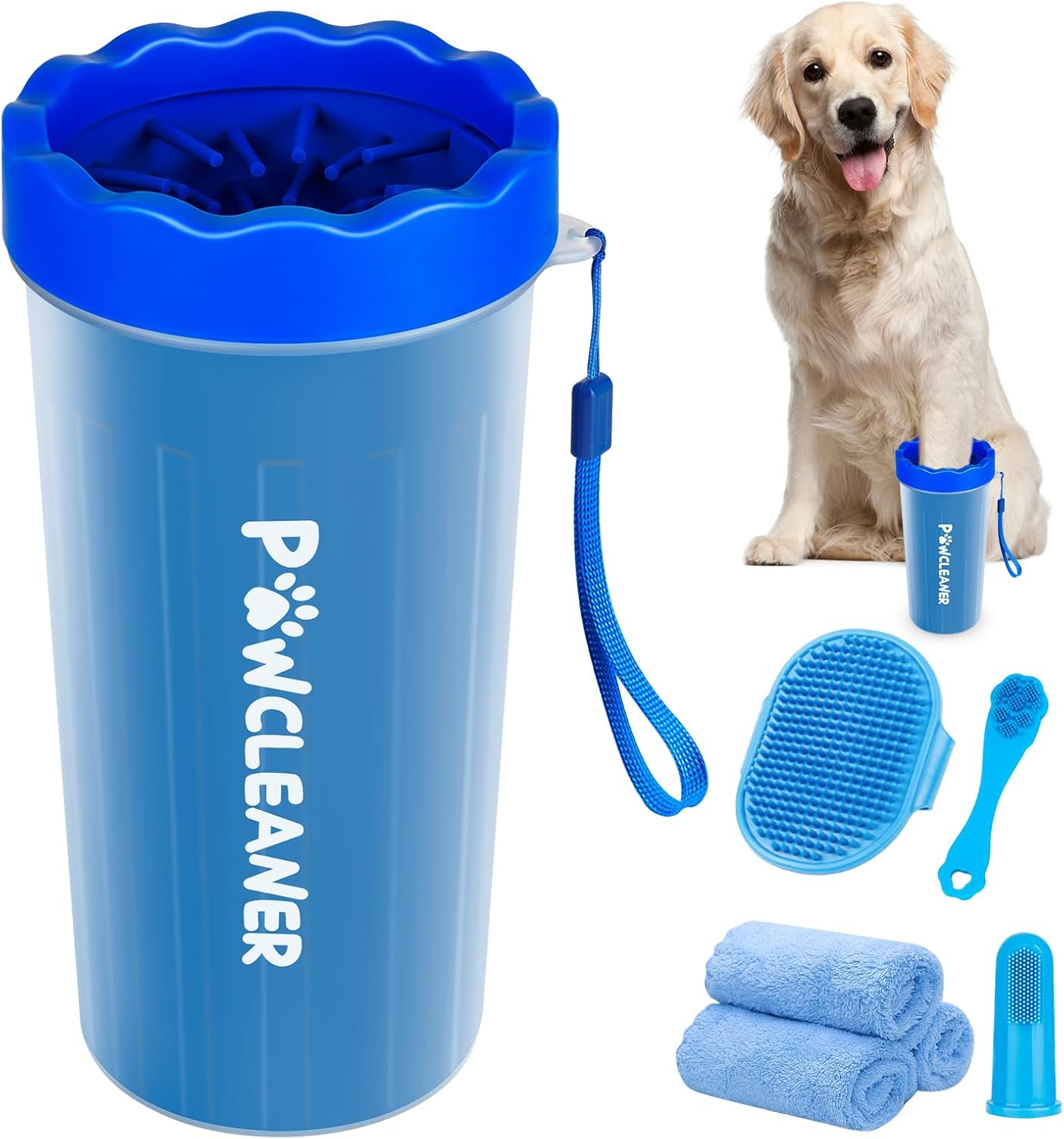 Professional 7 in 1 Dog Paw Cleaner for Dogs & Cats - Includes 1 Portable Paw Washer, 1 Bath Brush, 2 Dog Toothbrushes and 3 Absorbent Towels Note: Fits Paws 1.5 to 2.5 Inches Wide (Medium, Blue)