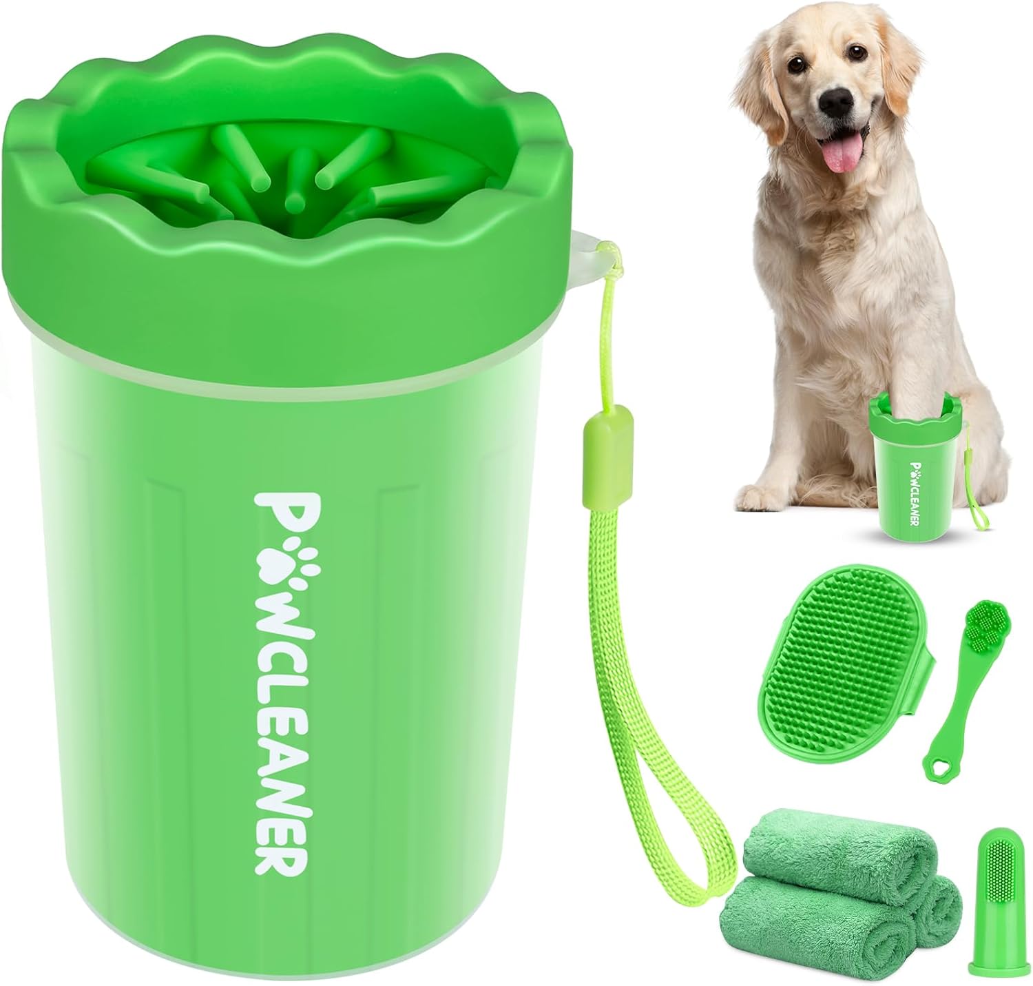 Professional 7 in 1 Dog Paw Cleaner for Dogs & Cats - Includes 1 Portable Paw Washer, 1 Bath Brush, 2 Dog Toothbrushes and 3 Absorbent Towels Note: Fits Paws 1.5 to 2.5 Inches Wide (Medium, Blue)