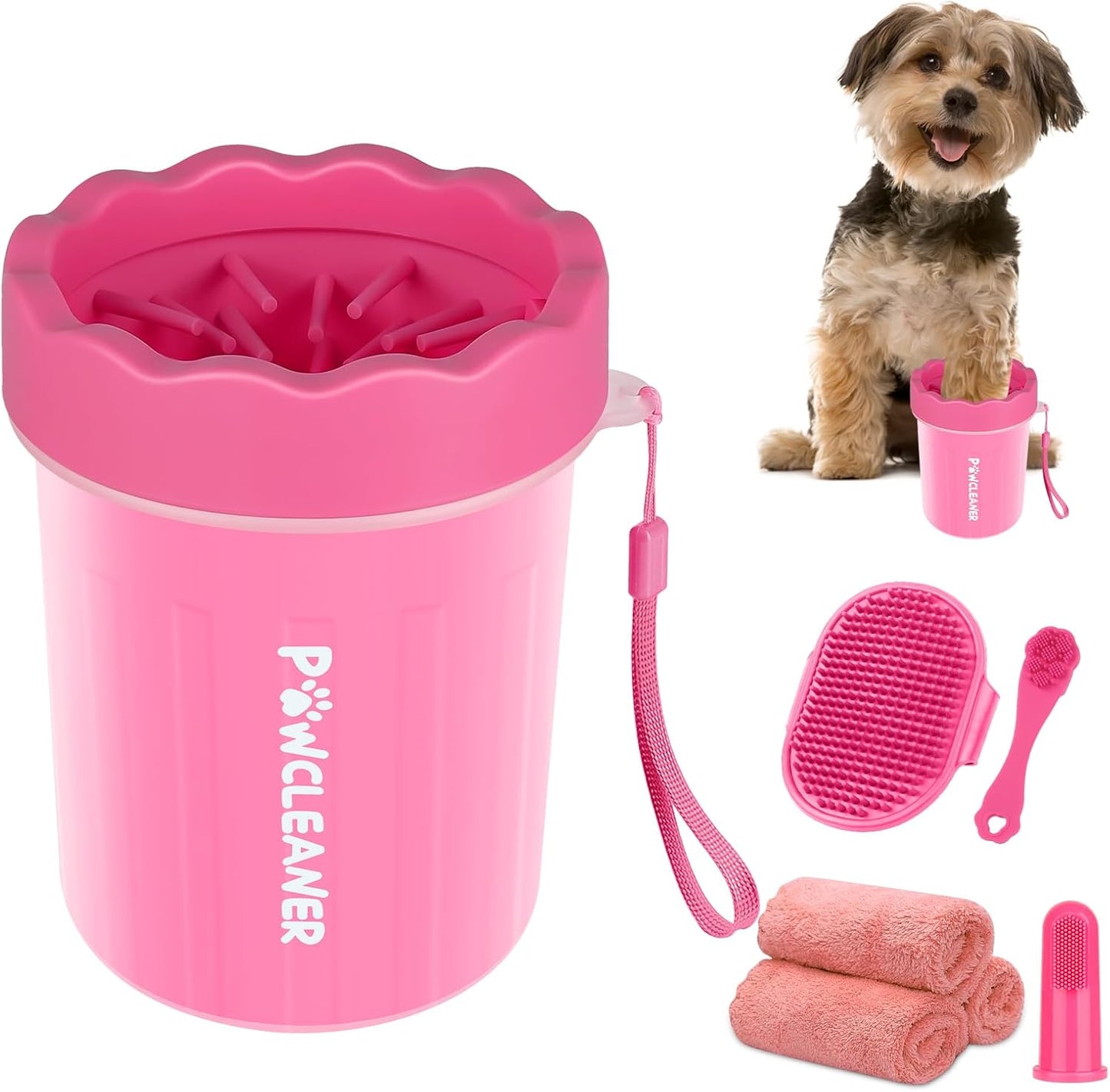 Professional 7 in 1 Dog Paw Cleaner for Dogs & Cats - Includes 1 Portable Paw Washer, 1 Bath Brush, 2 Dog Toothbrushes and 3 Absorbent Towels Note: Fits Paws 1.5 to 2.5 Inches Wide (Medium, Blue)