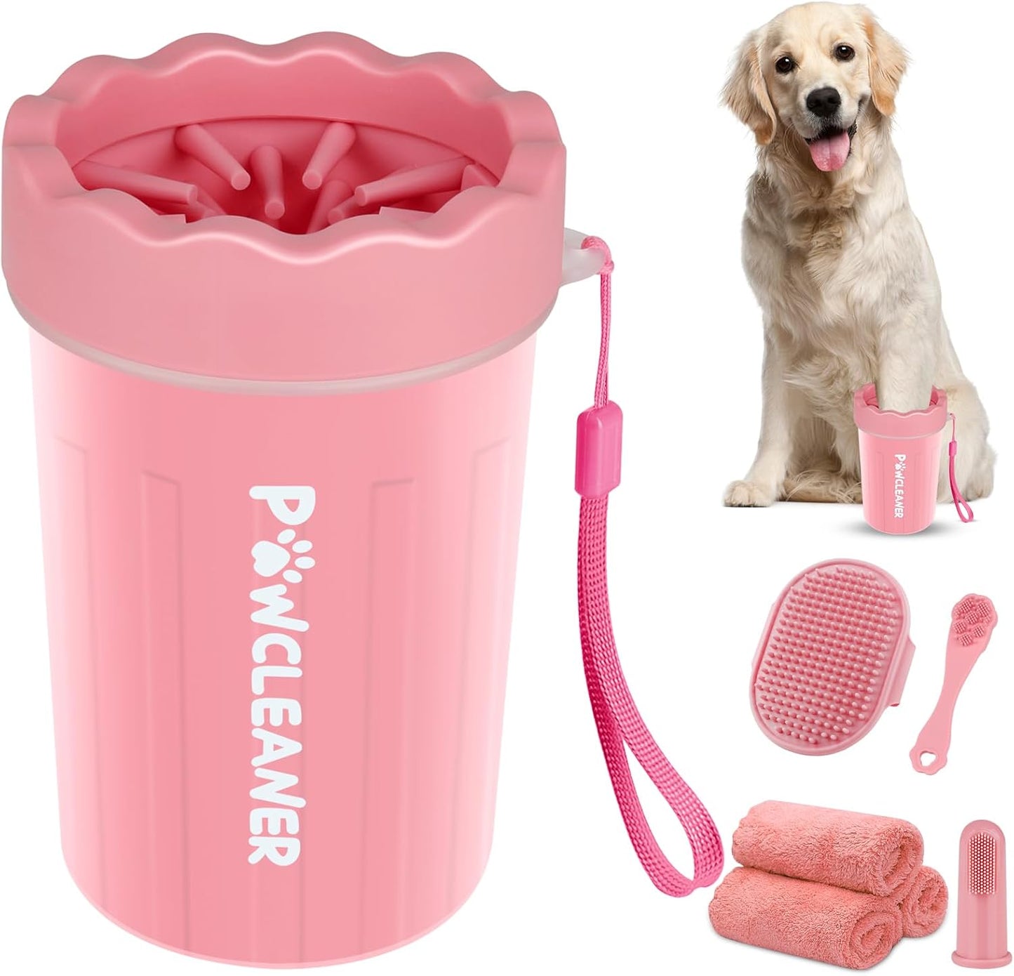 Professional 7 in 1 Dog Paw Cleaner for Dogs & Cats - Includes 1 Portable Paw Washer, 1 Bath Brush, 2 Dog Toothbrushes and 3 Absorbent Towels Note: Fits Paws 1.5 to 2.5 Inches Wide (Medium, Blue)