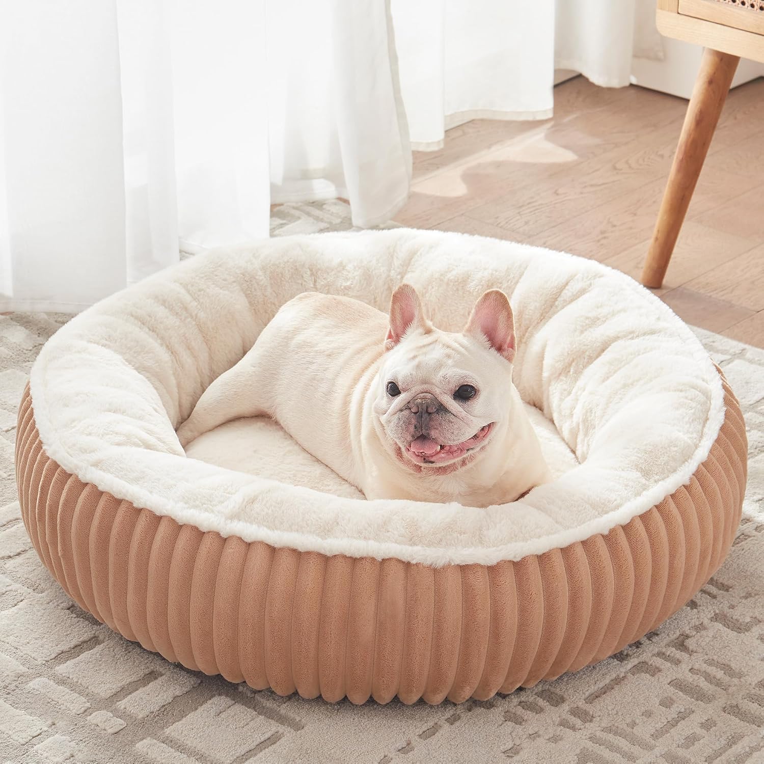36 Inches Donut Dog Bed for Large Dogs - Calming round Pet Bed with Removable&Washable Cover, Plush Faux Fur & Corduroy, Fits Pets up to 80 Lbs(Dark Grey, Large)