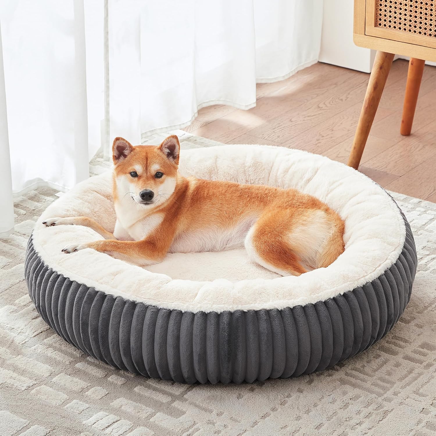 36 Inches Donut Dog Bed for Large Dogs - Calming round Pet Bed with Removable&Washable Cover, Plush Faux Fur & Corduroy, Fits Pets up to 80 Lbs(Dark Grey, Large)