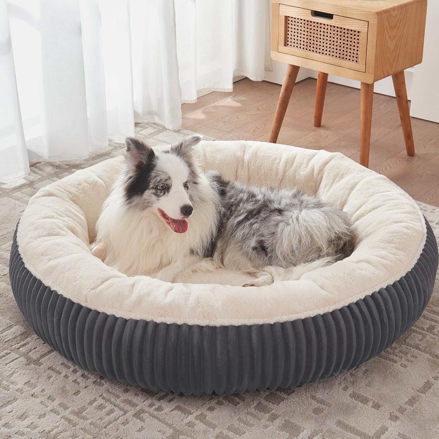 36 Inches Donut Dog Bed for Large Dogs - Calming round Pet Bed with Removable&Washable Cover, Plush Faux Fur & Corduroy, Fits Pets up to 80 Lbs(Dark Grey, Large)