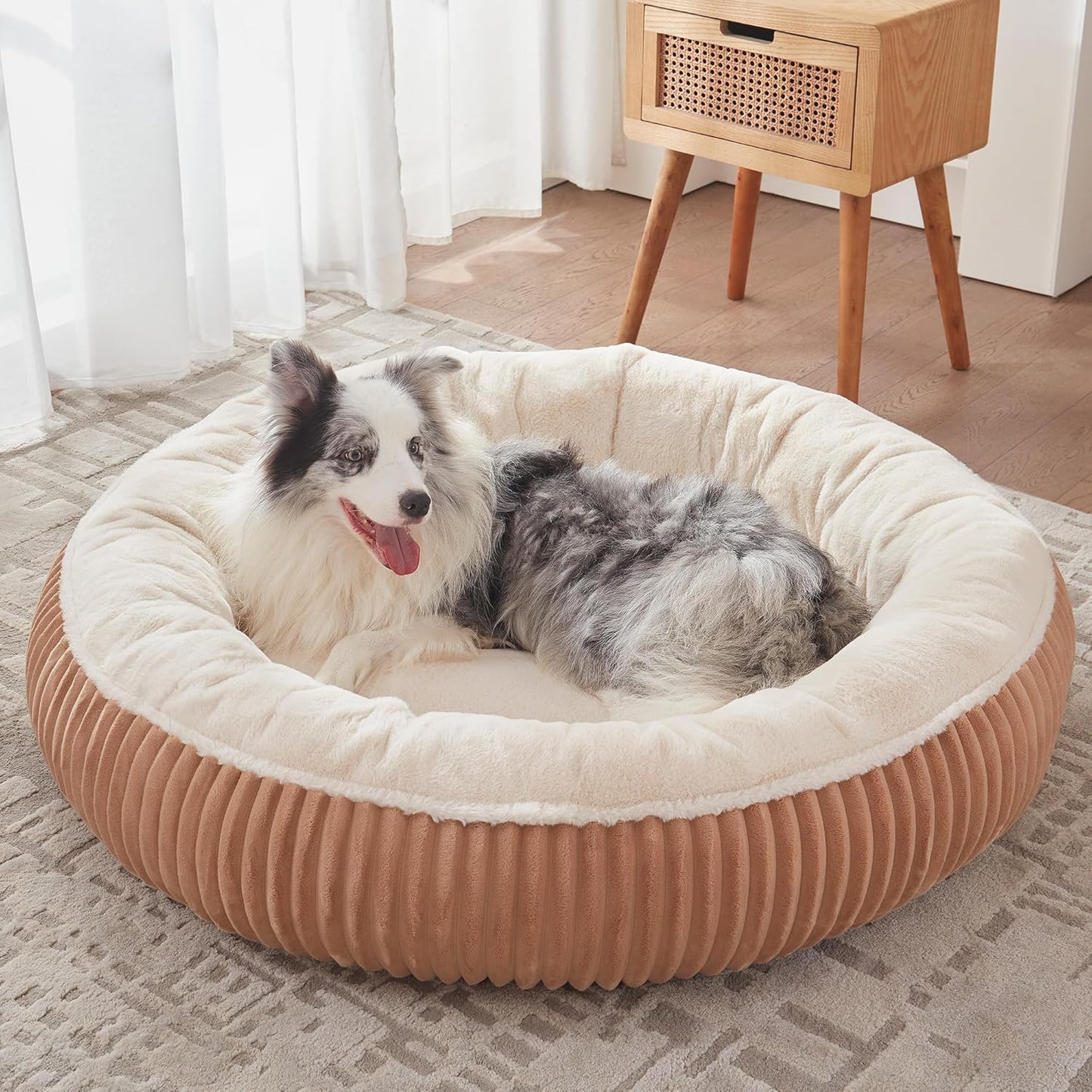36 Inches Donut Dog Bed for Large Dogs - Calming round Pet Bed with Removable&Washable Cover, Plush Faux Fur & Corduroy, Fits Pets up to 80 Lbs(Dark Grey, Large)