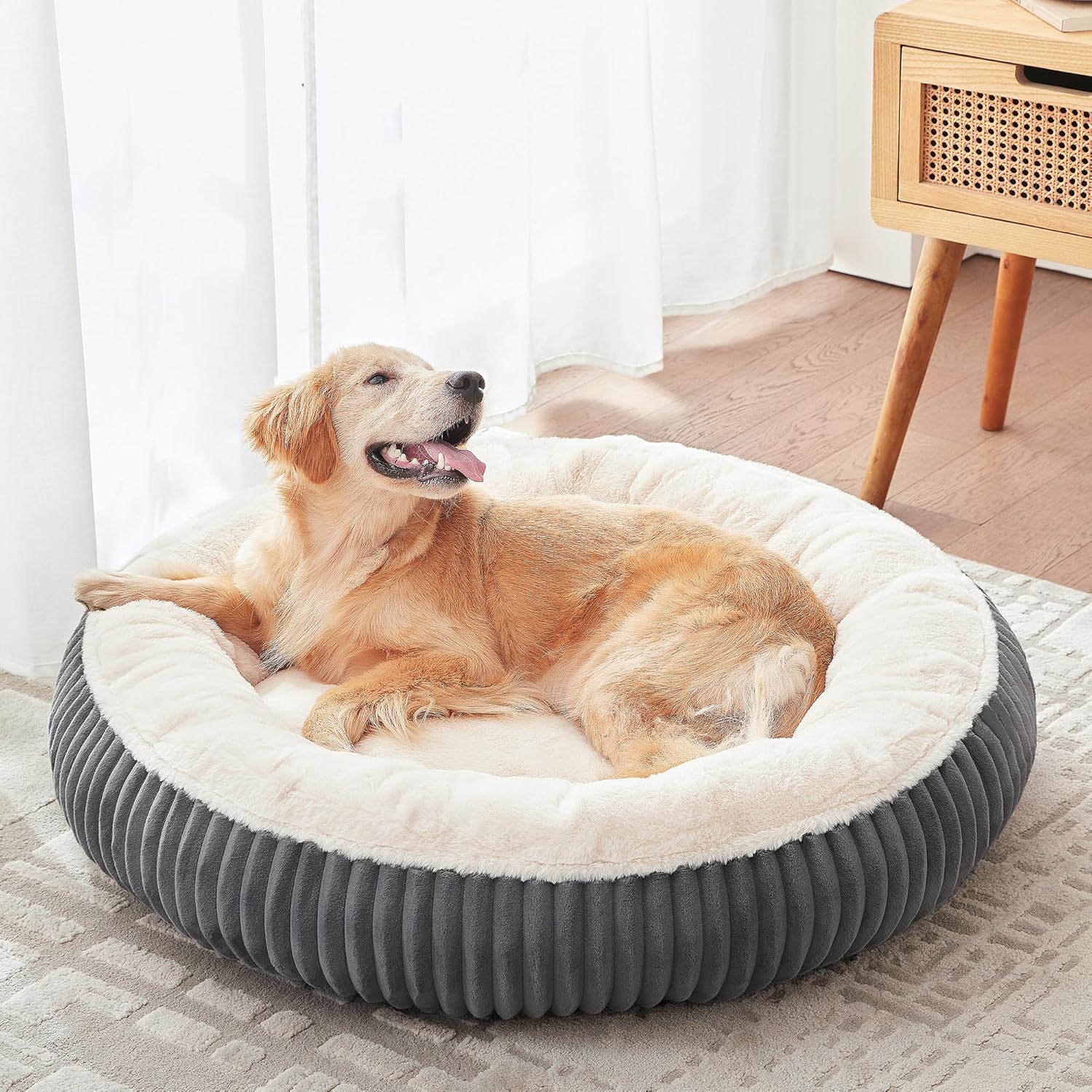 36 Inches Donut Dog Bed for Large Dogs - Calming round Pet Bed with Removable&Washable Cover, Plush Faux Fur & Corduroy, Fits Pets up to 80 Lbs(Dark Grey, Large)