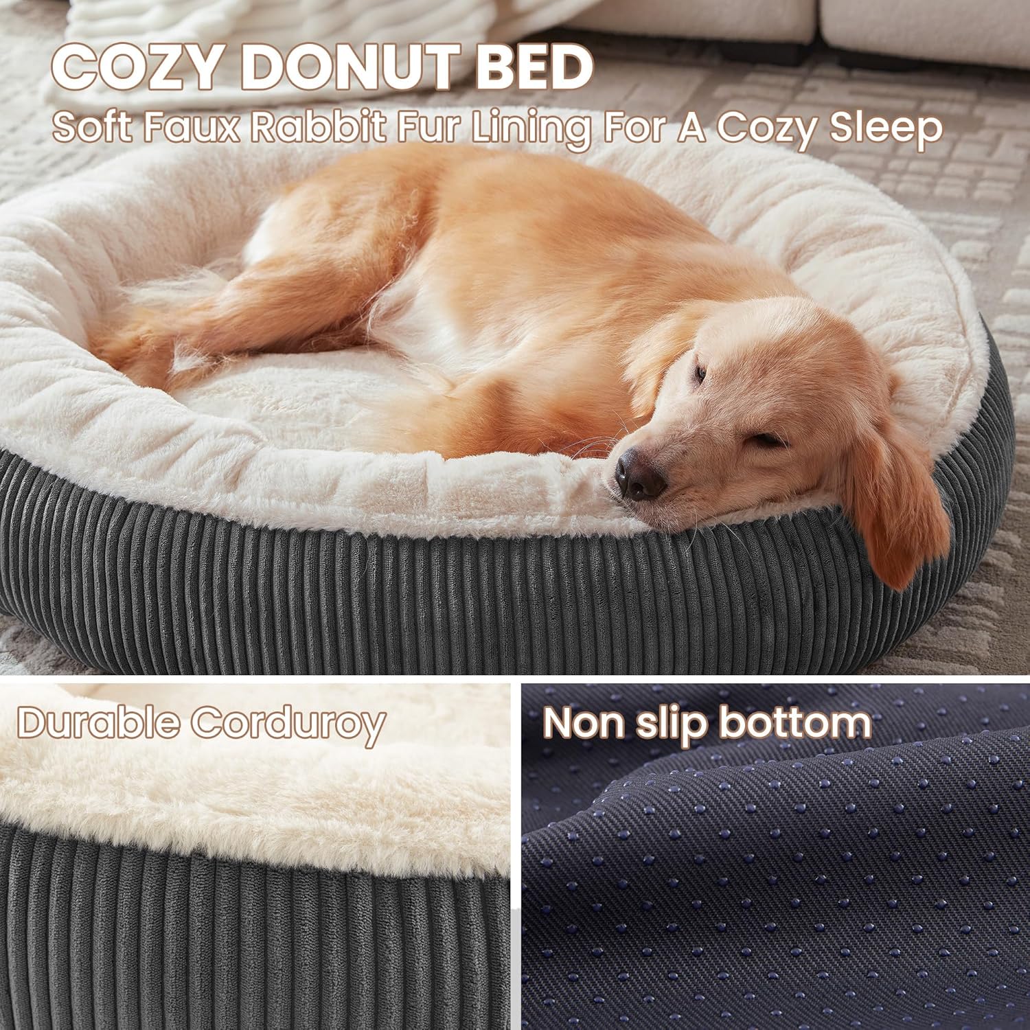 36 Inches Donut Dog Bed for Large Dogs - Calming round Pet Bed with Removable&Washable Cover, Plush Faux Fur & Corduroy, Fits Pets up to 80 Lbs(Dark Grey, Large)