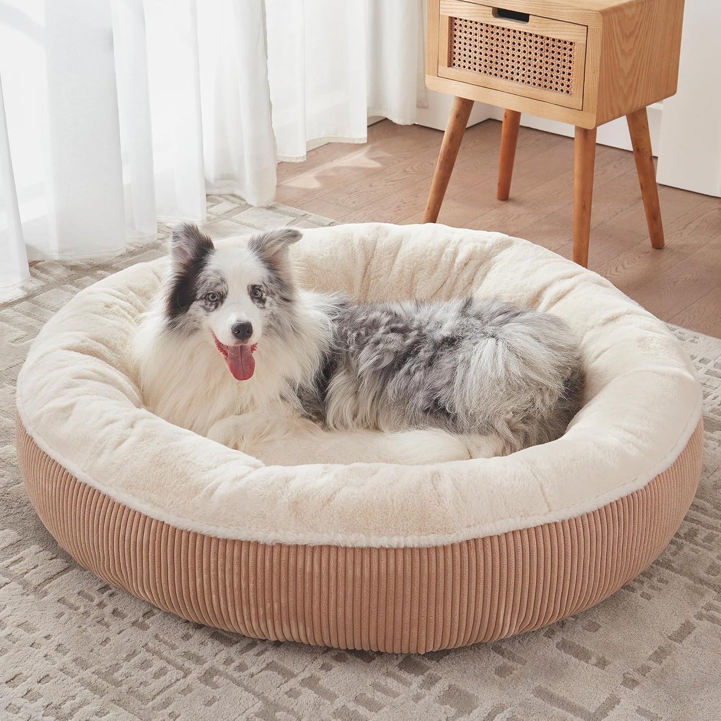 36 Inches Donut Dog Bed for Large Dogs - Calming round Pet Bed with Removable&Washable Cover, Plush Faux Fur & Corduroy, Fits Pets up to 80 Lbs(Dark Grey, Large)