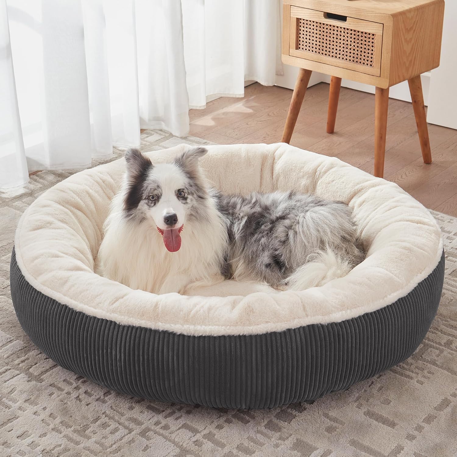 36 Inches Donut Dog Bed for Large Dogs - Calming round Pet Bed with Removable&Washable Cover, Plush Faux Fur & Corduroy, Fits Pets up to 80 Lbs(Dark Grey, Large)