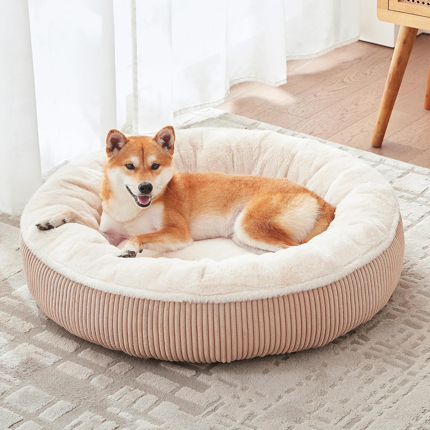 36 Inches Donut Dog Bed for Large Dogs - Calming round Pet Bed with Removable&Washable Cover, Plush Faux Fur & Corduroy, Fits Pets up to 80 Lbs(Dark Grey, Large)