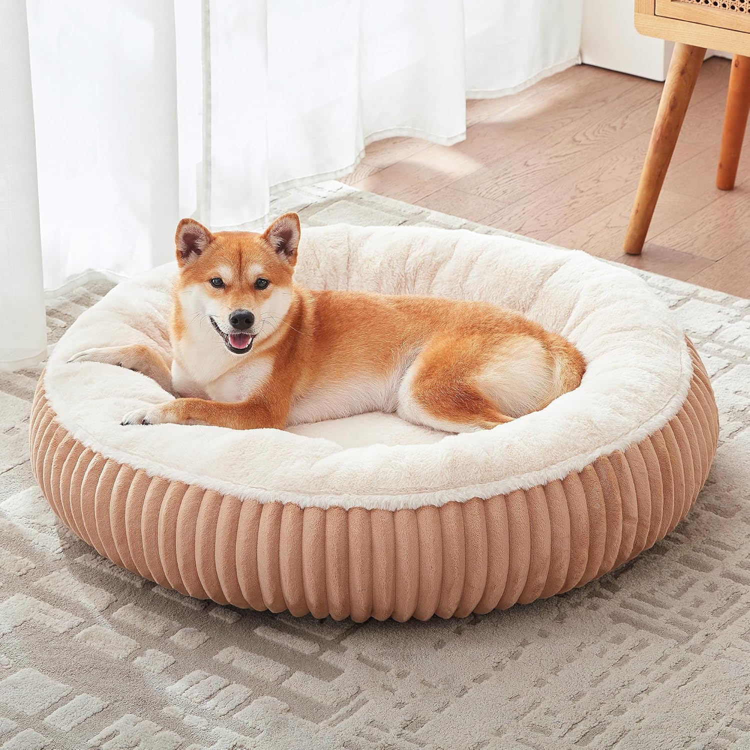 36 Inches Donut Dog Bed for Large Dogs - Calming round Pet Bed with Removable&Washable Cover, Plush Faux Fur & Corduroy, Fits Pets up to 80 Lbs(Dark Grey, Large)